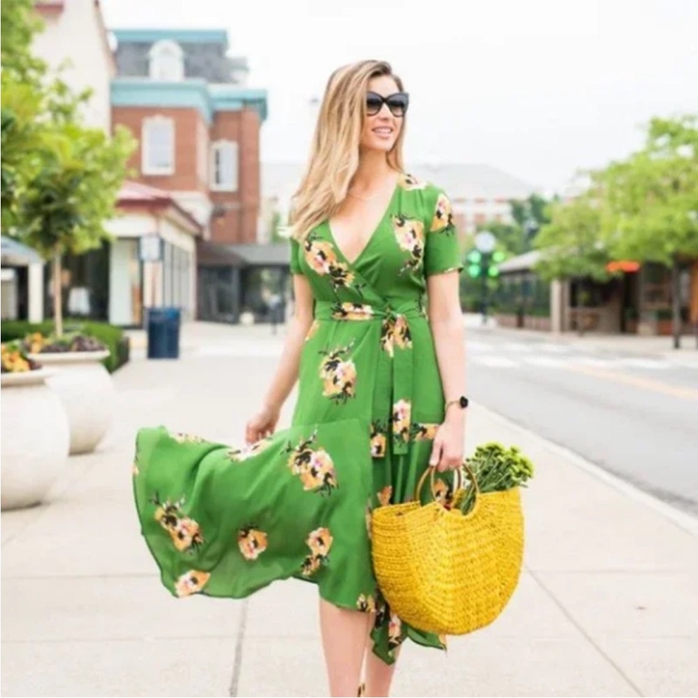 A.L.C. Cora Silk Midi Wrap Size 10 Dress in Green Floral